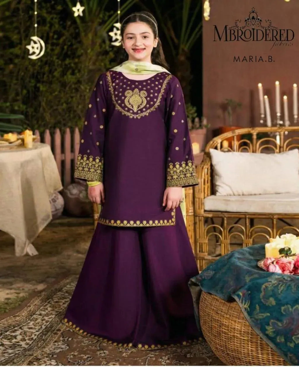 Purple Embroidered Lawn 3Pcs Set for Girls