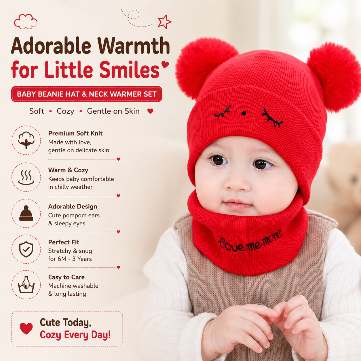 Baby Bear Ears Wool Cap with Embroidered Face