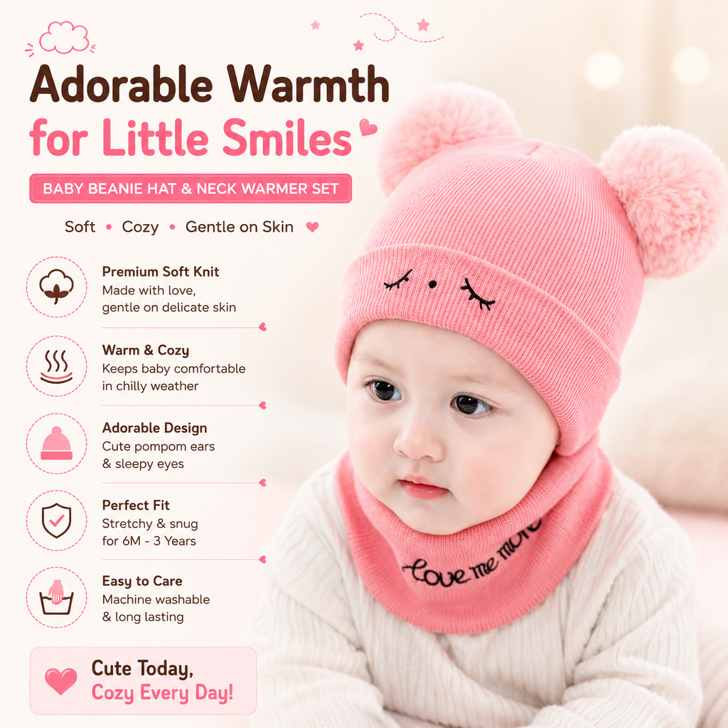 Baby Bear Ears Wool Cap with Embroidered Face