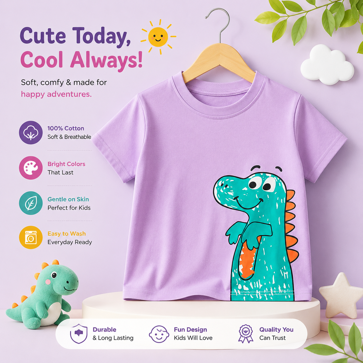 Boys Cotton Dinosaur T-Shirt Light Purple Summer