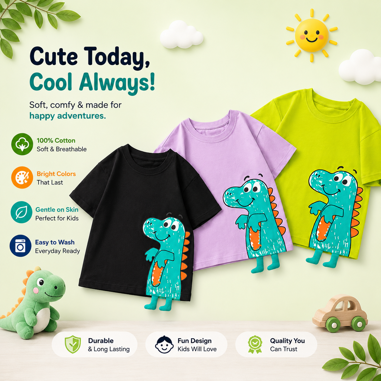 Boys Cotton Dinosaur T-Shirt Light Purple Summer