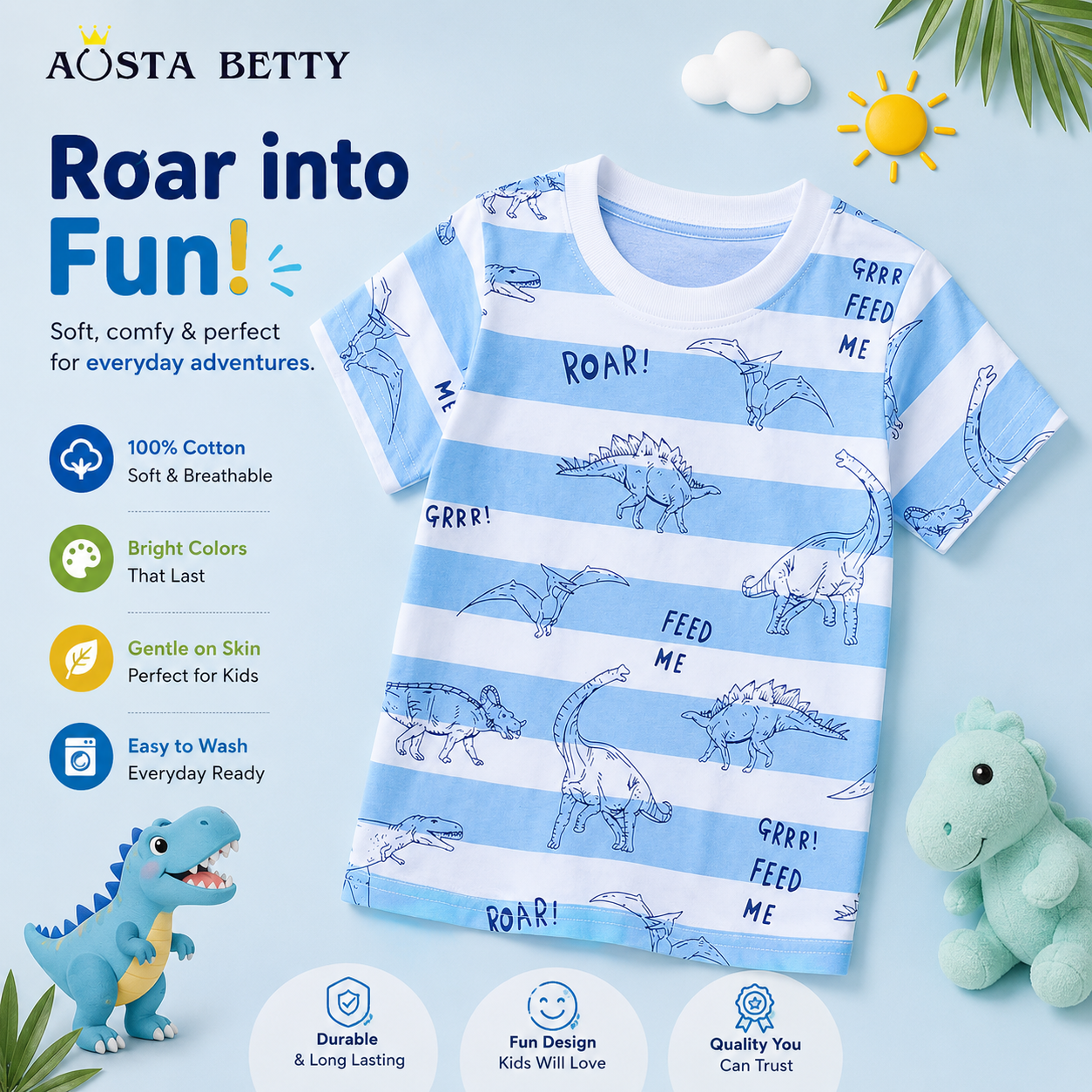 Kids Dinosaur Print T-Shirt Summer Short Sleeve
