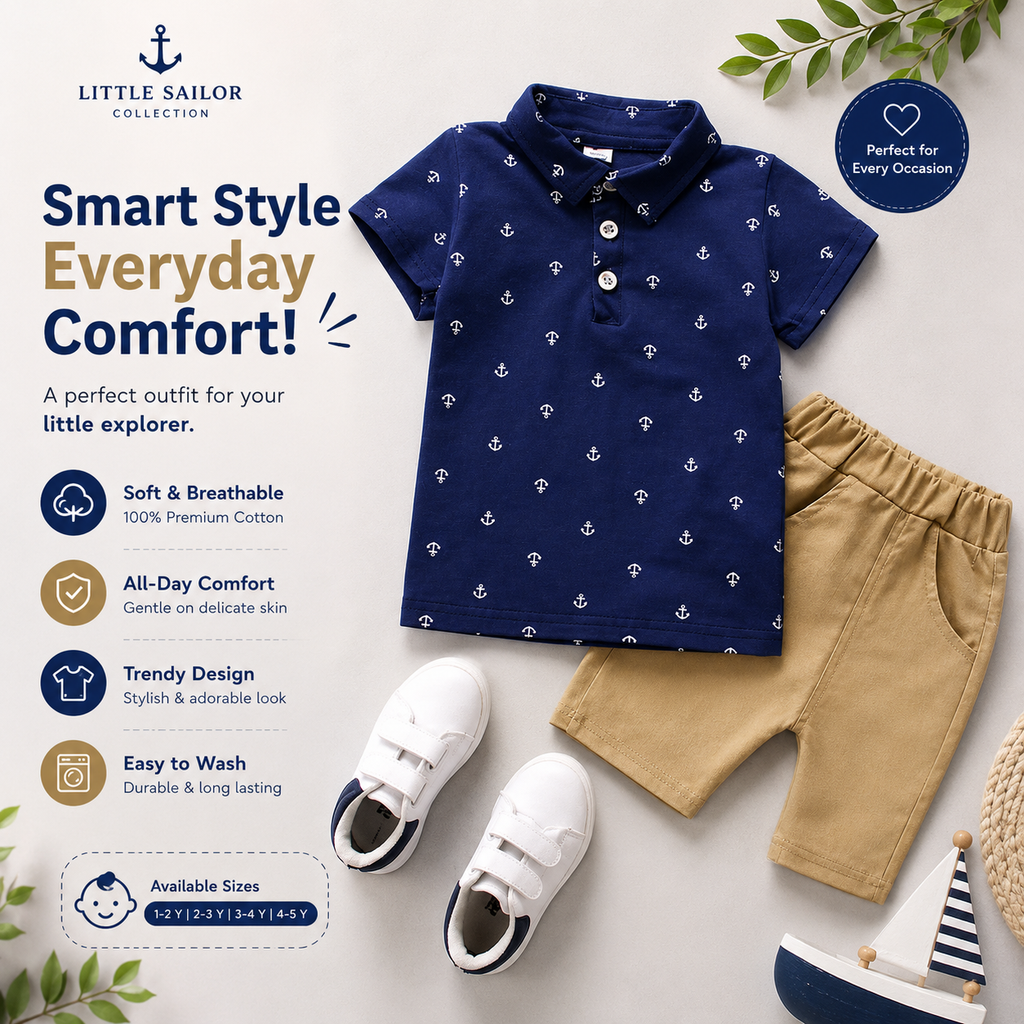 Baby Boys Summer Polo Set Navy Khaki Shorts