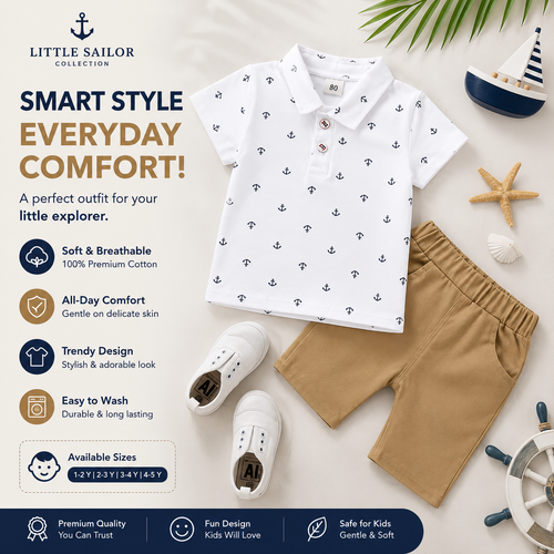 Baby Boys Summer Polo Set Navy Khaki Shorts