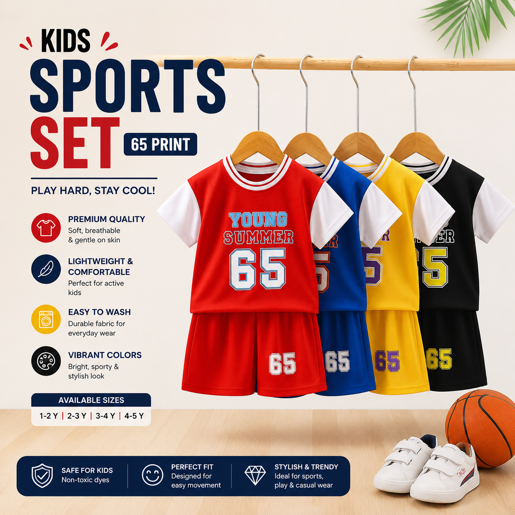 Kids Sports Shorts Set 65 Print Red Blue Yellow Black