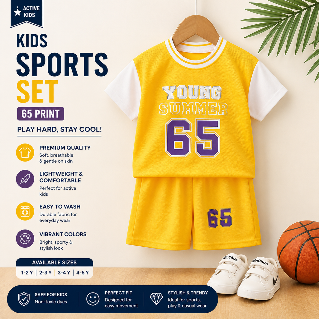 Kids Sports Shorts Set 65 Print Red Blue Yellow Black