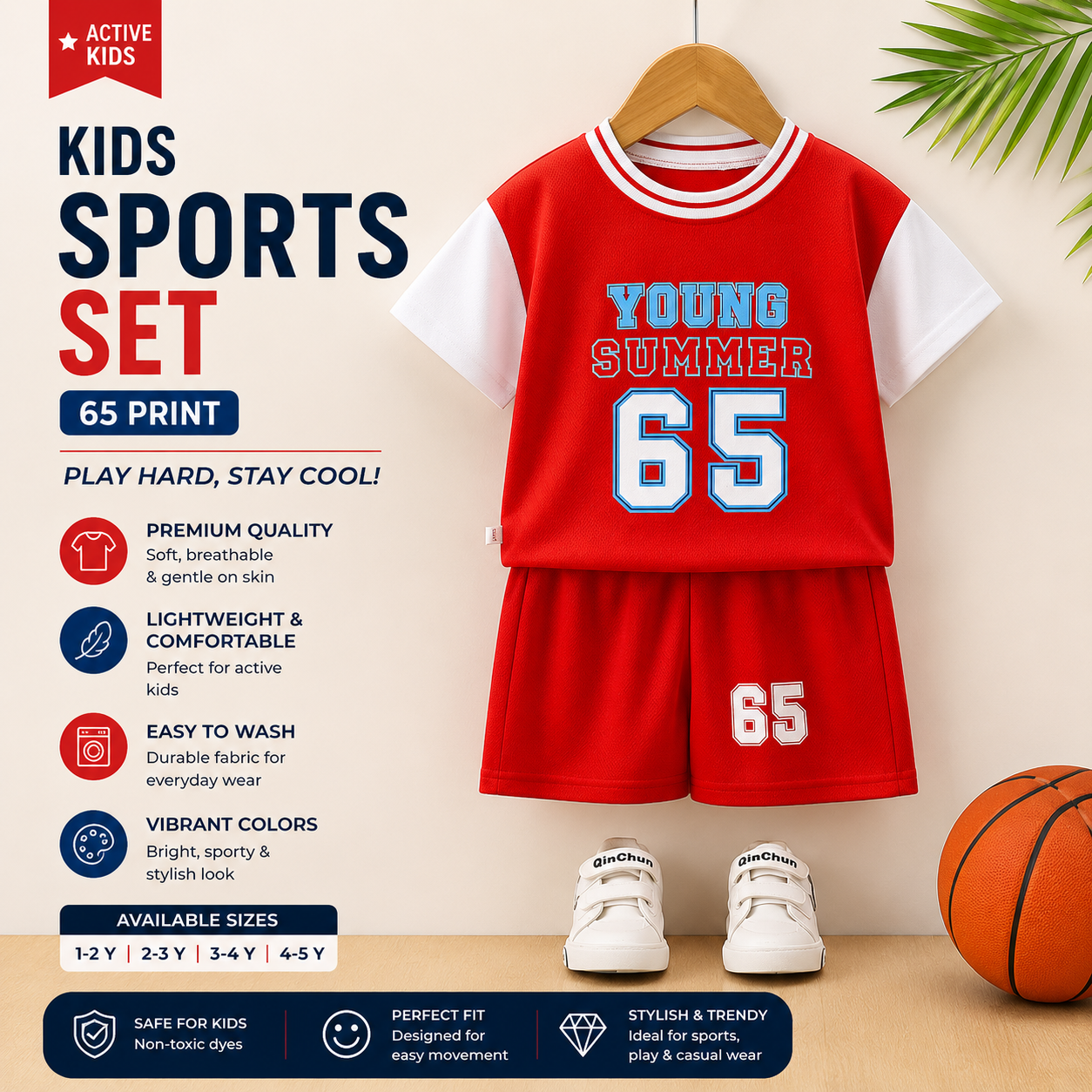 Kids Sports Shorts Set 65 Print Red Blue Yellow Black