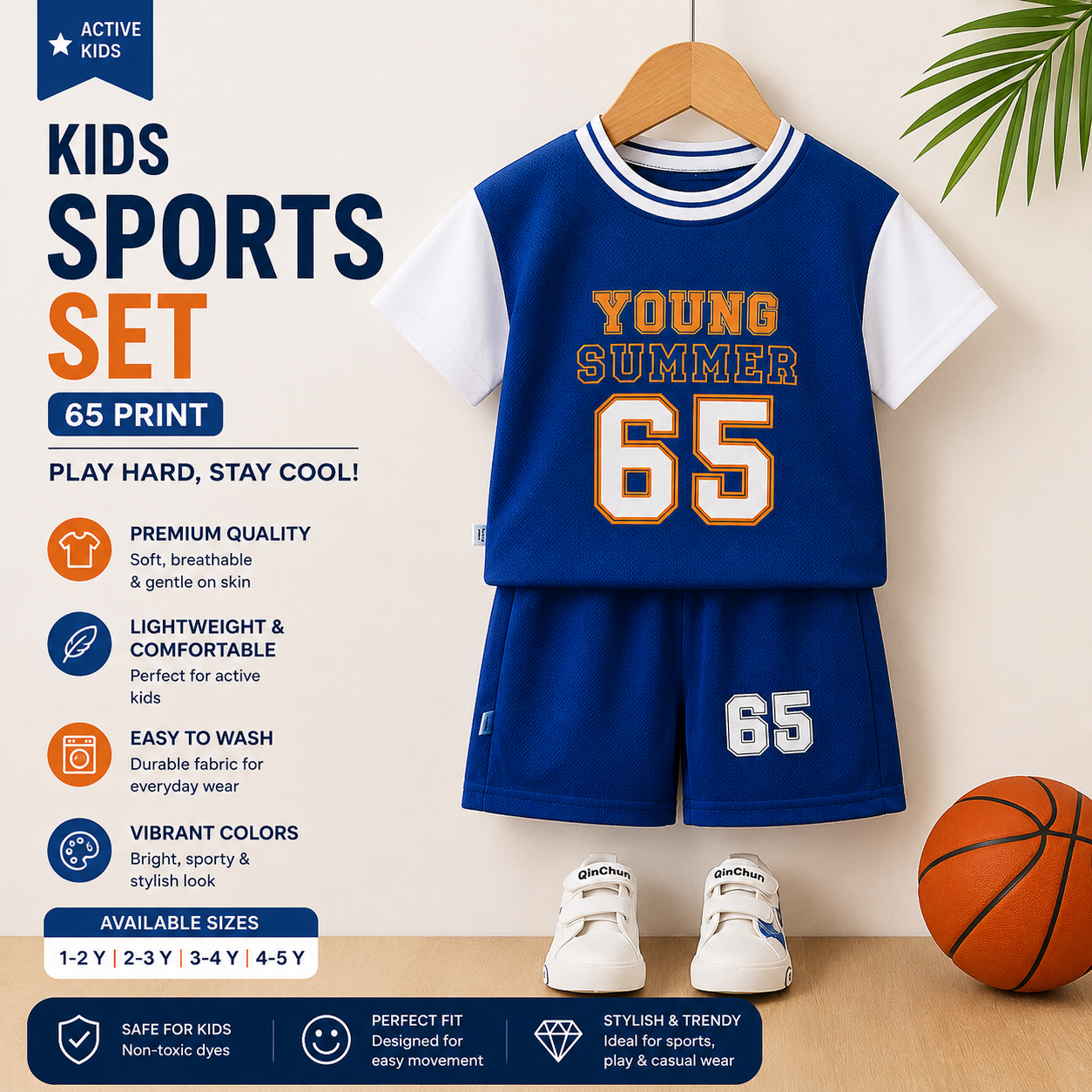 Kids Sports Shorts Set 65 Print Red Blue Yellow Black