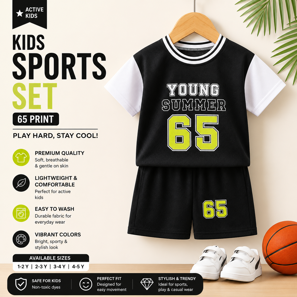 Kids Sports Shorts Set 65 Print Red Blue Yellow Black