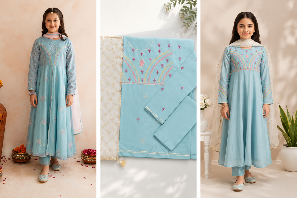 Turquoise Embroidered Lawn 3-Piece Suit for Girls