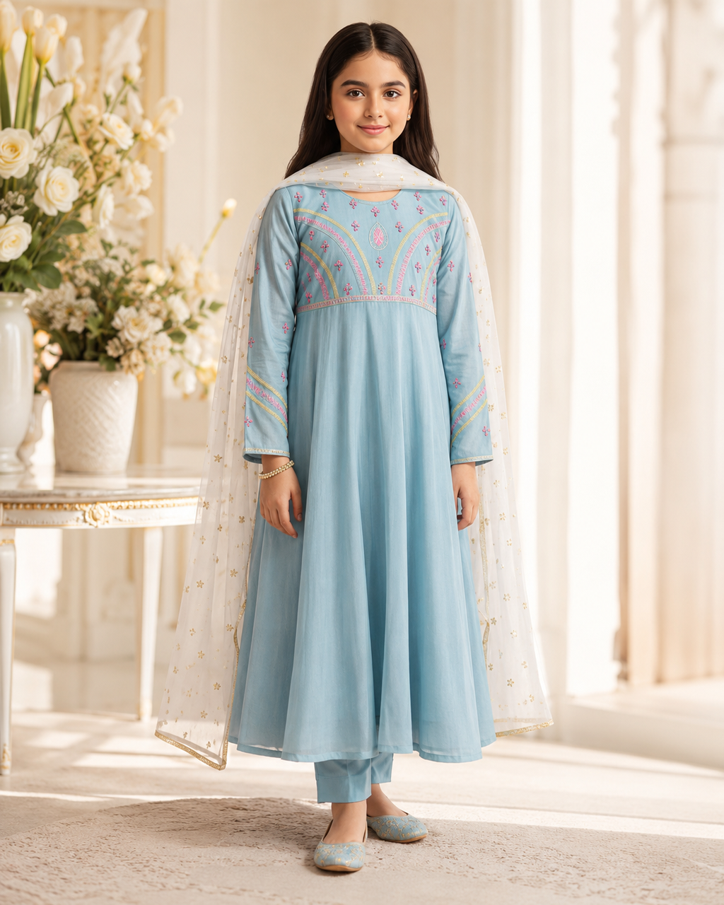 Turquoise Embroidered Lawn 3-Piece Suit for Girls