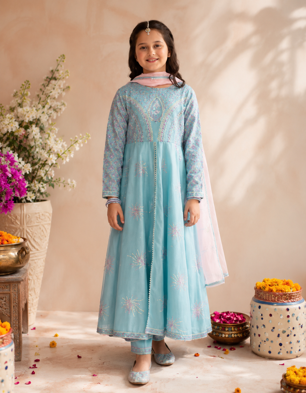 Turquoise Embroidered Lawn 3-Piece Suit for Girls