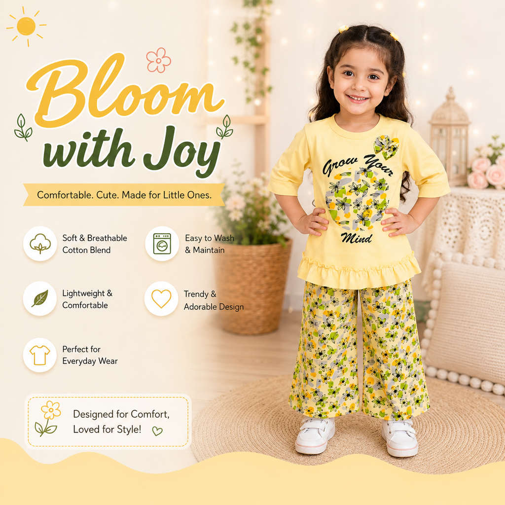 2 Pcs Girl's Printed Shirt And Trouser Set Summer Collection