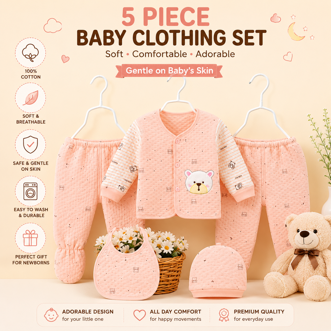 Baby Set with Bear Embroidery Cotton 0-3M