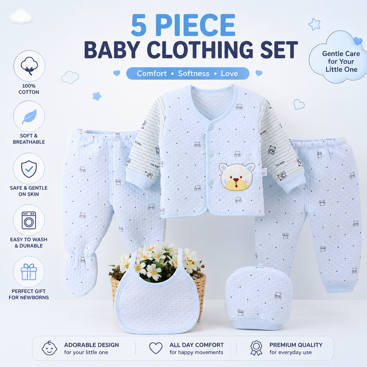 Baby Set with Bear Embroidery Cotton 0-3M