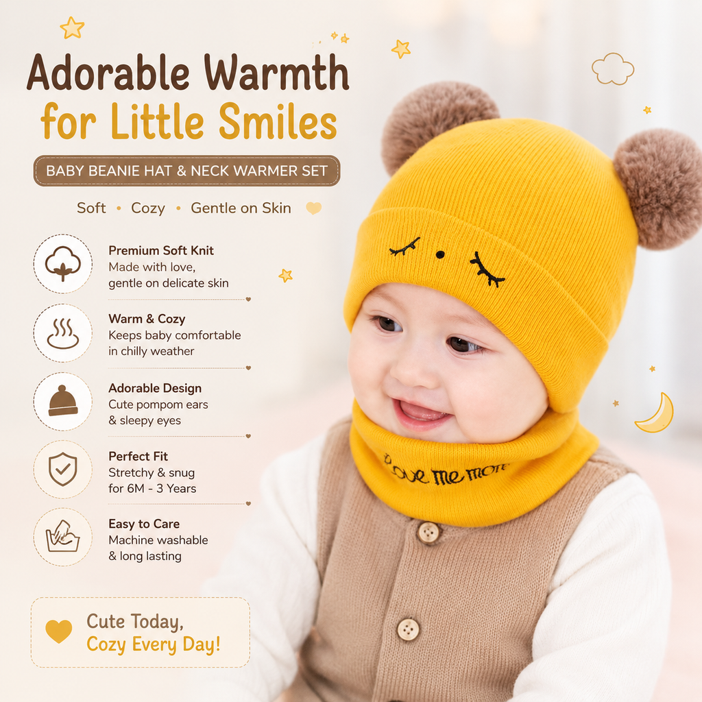 Baby Bear Ears Wool Cap with Embroidered Face