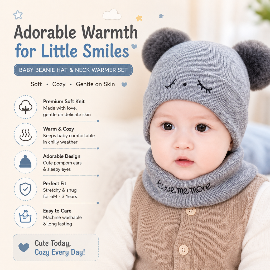 Baby Bear Ears Wool Cap with Embroidered Face
