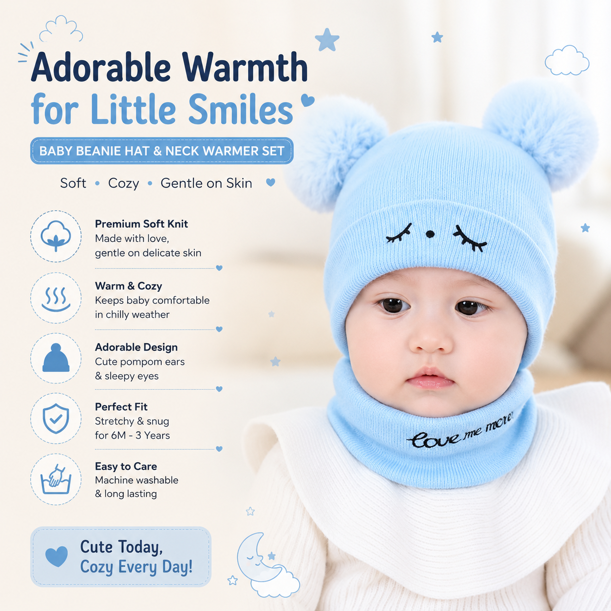 Baby Bear Ears Wool Cap with Embroidered Face