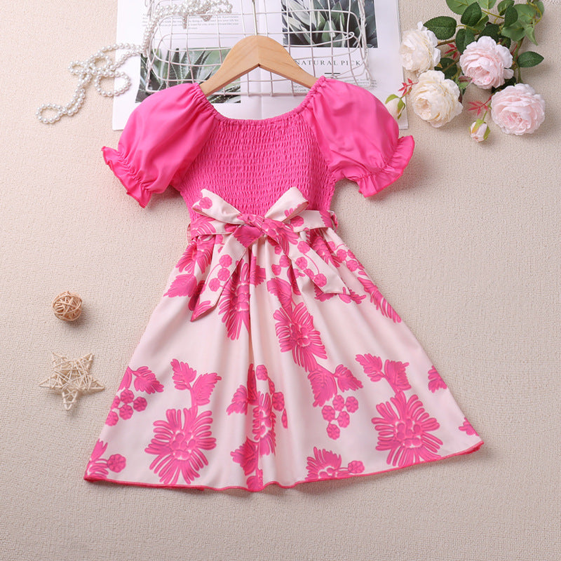Kids Floral Printed Green Bow Dress Summer Wear