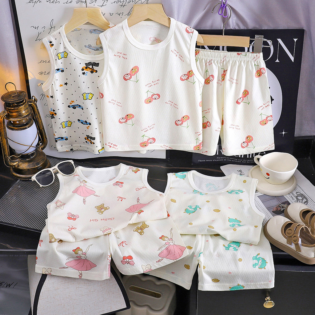 Kids Vests & Shorts Set Korean Print Cotton Summer Wear