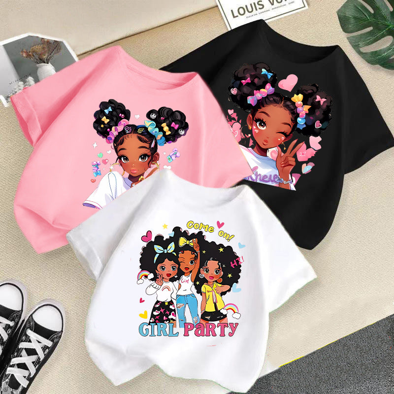 Girls Printed Summer T-Shirt Casual White Black Pink Kids Wear