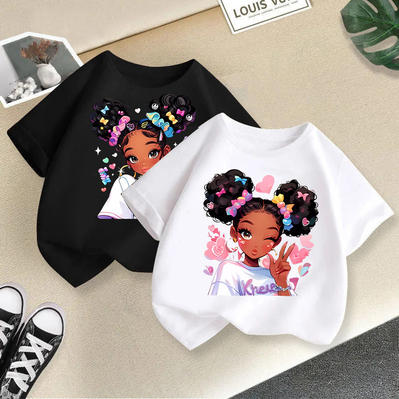 Girls Printed Summer T-Shirt Casual White Black Pink Kids Wear