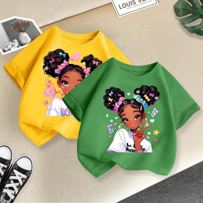 Girls Printed Summer T-Shirt Casual White Black Pink Kids Wear