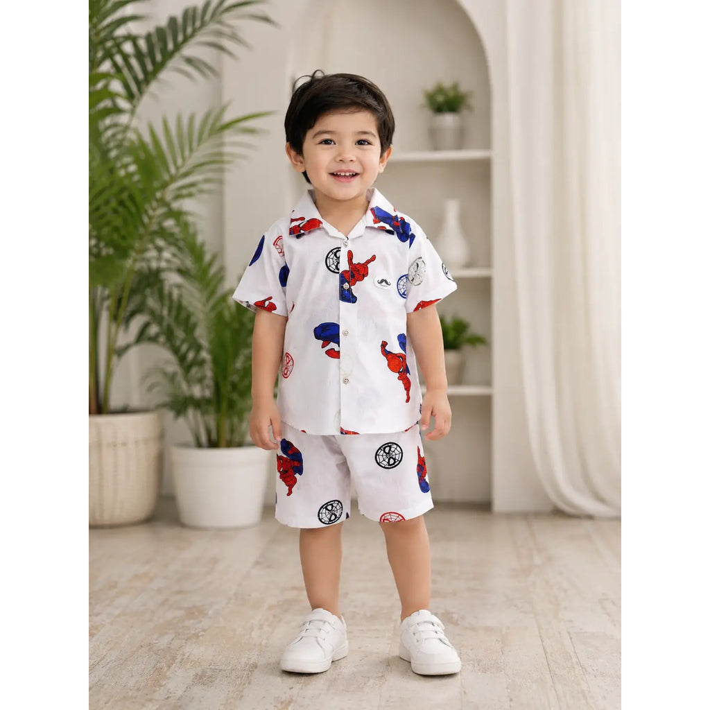 2 Pcs Boy's Cotton Lawn Printed Shirt And Shorts Set